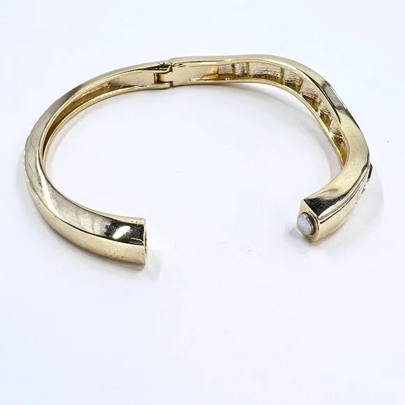 Brown & Clear Gemstone Gold Tone Hinged Cuff Magnetic Closure Bracelet - Picture 3 of 6